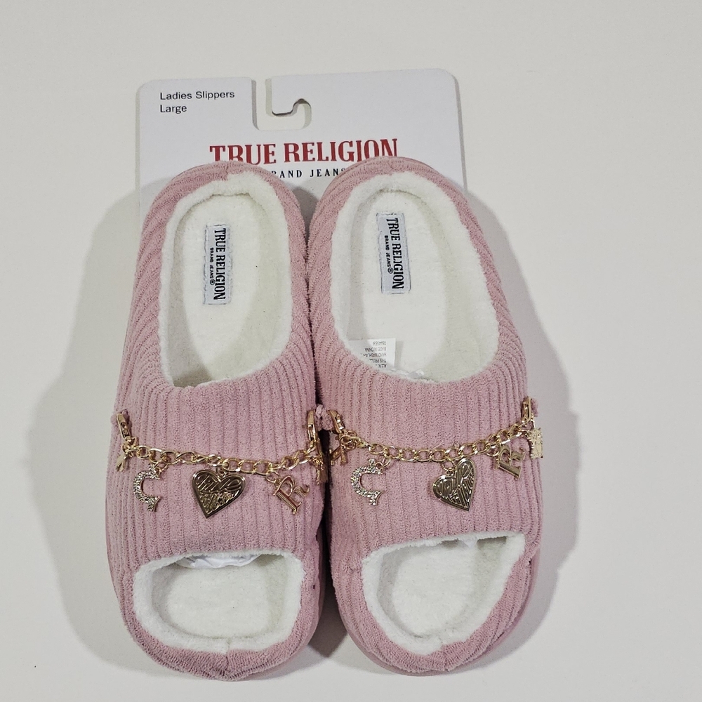 True Religion Womens Pink Slippers with Gold Charm Accents Gift For Her 8 - 9